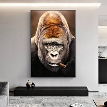 Amazon.co.jp: 抽象喫煙ゴリラ絵画動物ポスターと版画猿キャンバス壁