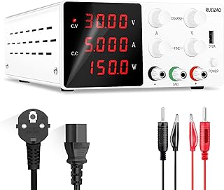 RUZIZAO Bench Power Supply Variable: 30V 5A Adjustable Switching Regulated High Precision 4-Digits LED Display 5V/2A USB Port Test Lead Output & Input Power Cord Bench Lab DC Power Supply