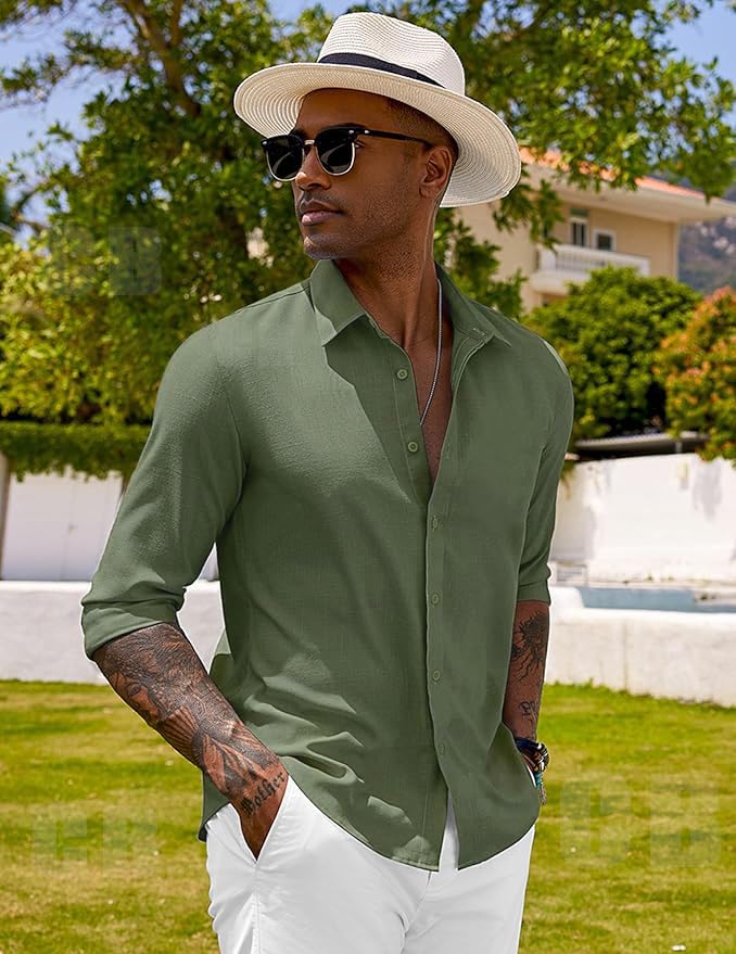 Image of CB-COLEBROOK Men's Long Sleeve Button Down Shirts Casual Cotton Linen Shirts Summer Beach Shirt for Mens Top (Available in Plus Size)