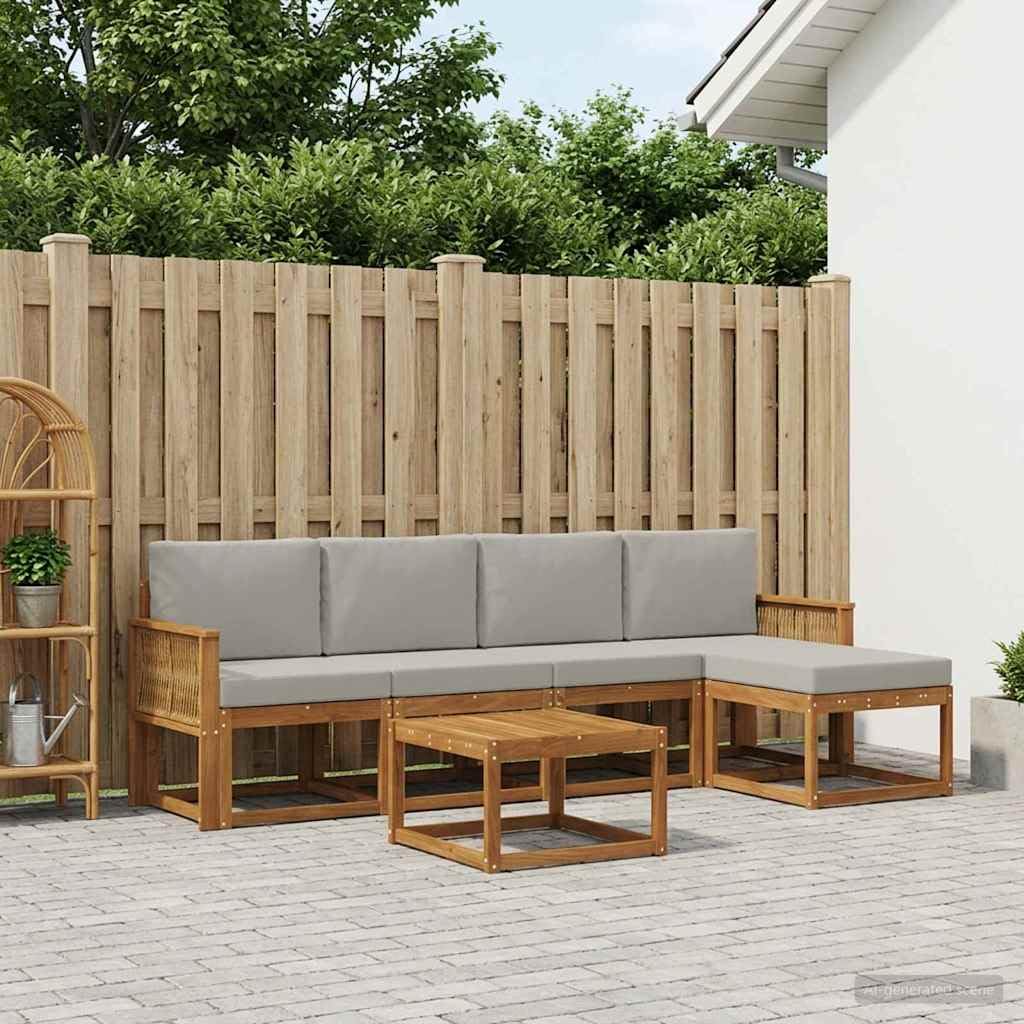 Outdoor-Sofagarnitur 6-TLG. modernes Design, wetterfestes Massivholz Akazie, Sitzgruppe für Garten, Balkon, Terrasse, inklusive Tisch, Hocker, Kissen, einfache Montage