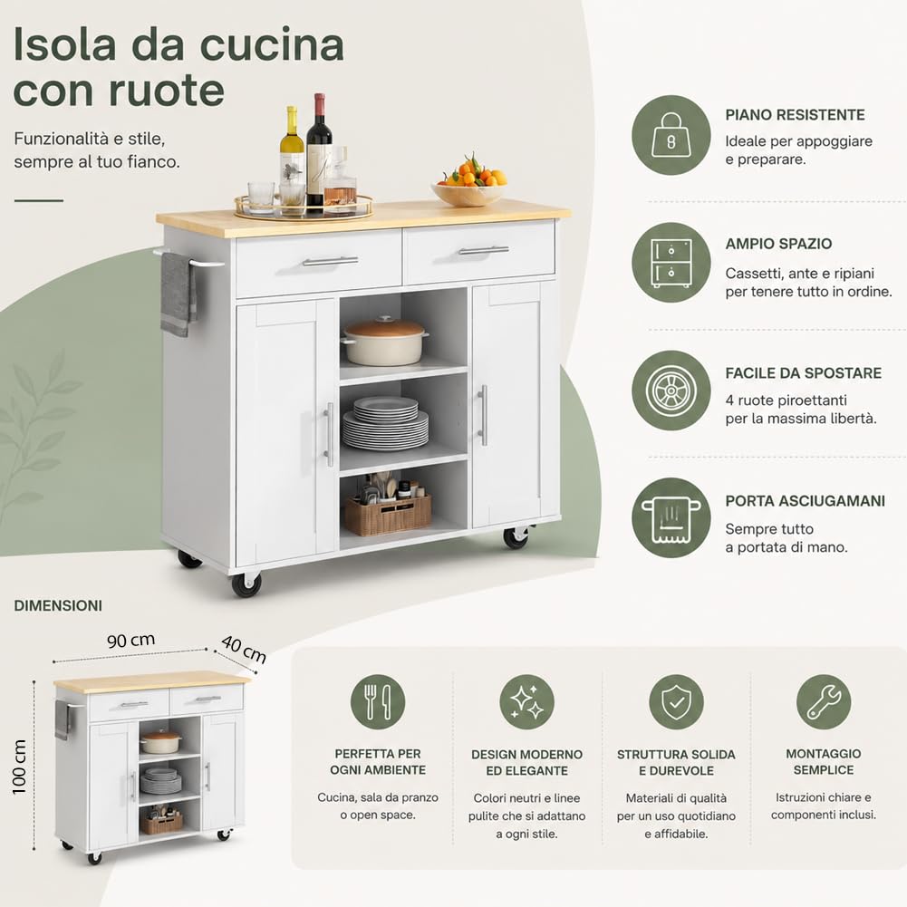 BAKAJI Isola da Cucina con Ruote e Top Quercia, Mobile con Scomparti, Cassetti e Ripiani, Ideale per Stoccaggio e Organizzazione Casa, Carrello Indipendente Salvaspazio 90 x 46 x 100 cm