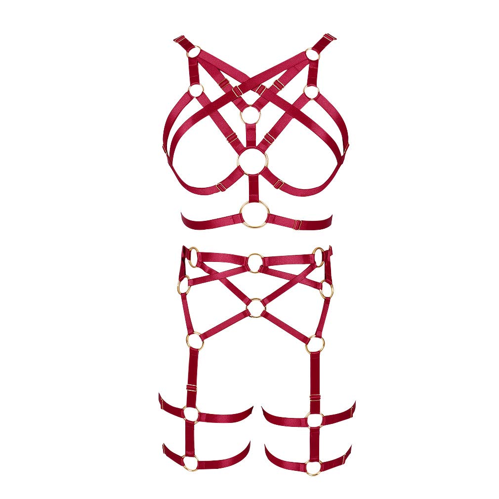 MAMOHSS Women's Elastic Strappy Body Harness Full Lingerie Set Punk Gothic Caged Bra Leg Garter Belts - Red - Adjustable