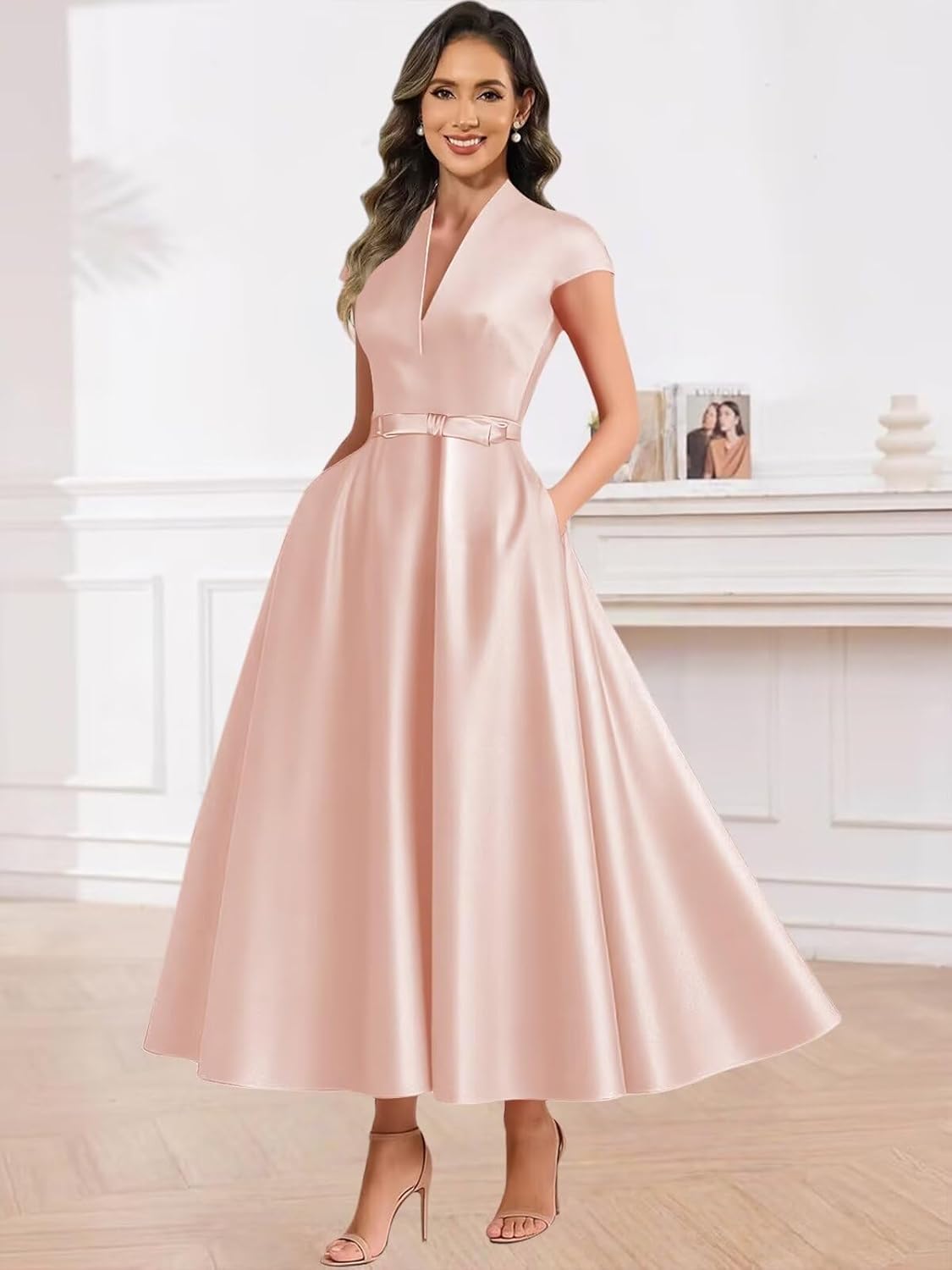 Satin Mother of The Groom Dresses for Women Tea Length V Neck A Line Formal Evening Gown with Pockets - Image 5