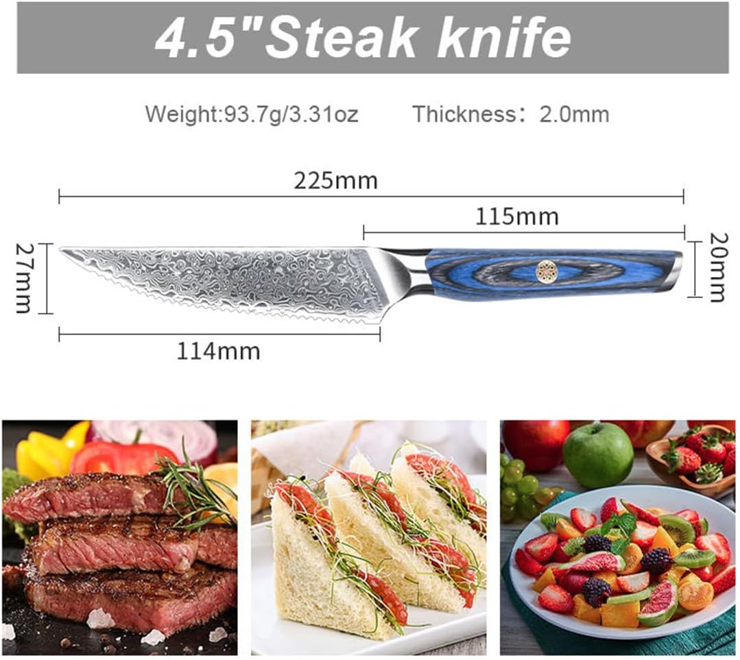 Steak Knives Set of 6,Steak Knives 4.5 Inch with Damascus Patterns,VG10 Damascus Steel Steak Knife with Blue Pakka Wood Handle,Kitchen Steak Knives with Gift Box