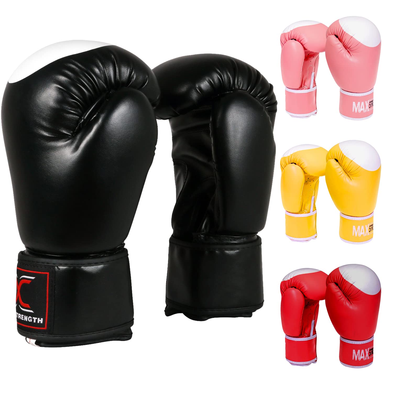 MAXSTRENGTH Boxing Gloves Muay Thai Kickboxing MMA Fight Bag Training Punch Hitting Fitness Sparring Mitts Heavy Padded Martial Arts Sports Workout Men Women (12oz, Black)