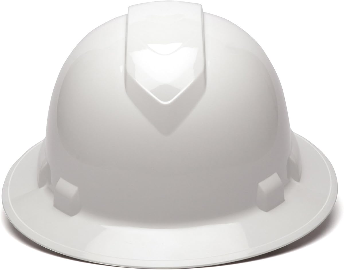 Pyramex Ridgeline Full Brim Hard Hat 4 Point Ratchet White | Full-brim sun & rain protection, HDPE shell, Ratchet suspension, Construction & utility, ANSI Z89.1 Type I Class C/G/E