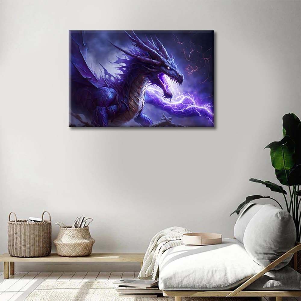 Purple Dragon Paintings Wall Art 1 Panels Purple Dragon with Lightning in the Clouds Paintings for Wall Decorations Dragon Wall Prints Giclee Print Gallery Packaging Artwork Ready to Hang 16"Wx24"H - Image 4
