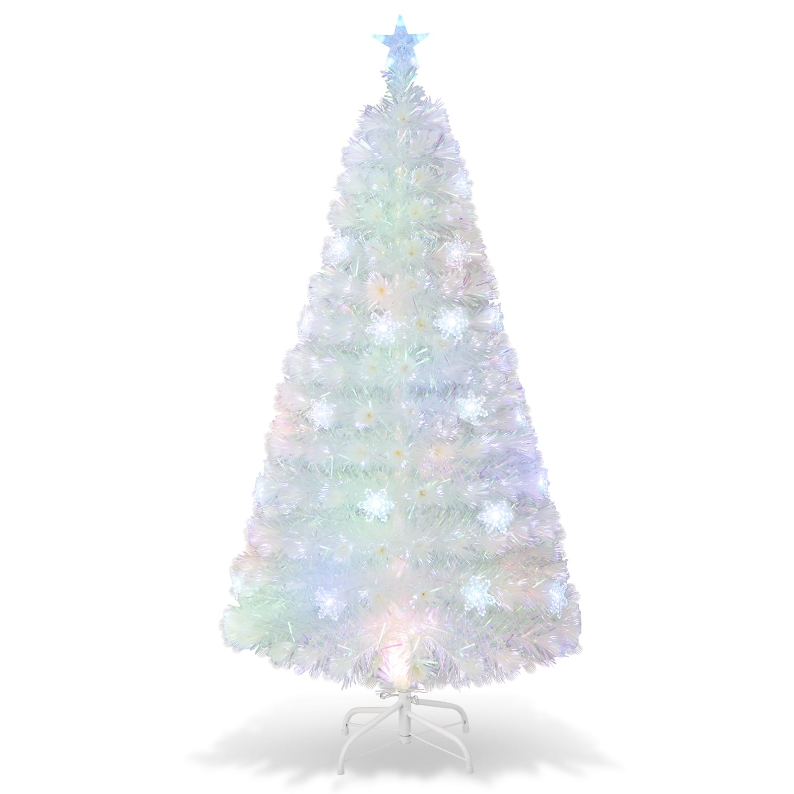 GYMAX Árbol de Navidad Artificial 120/150/180 cm, con Fibra de Vidrio y 18/24/30 Luces LED de Colores, Árbol Decorativo con Estrella en la Copa y Soporte de Metal, para Casa y Oficina, Blanco (120 cm)