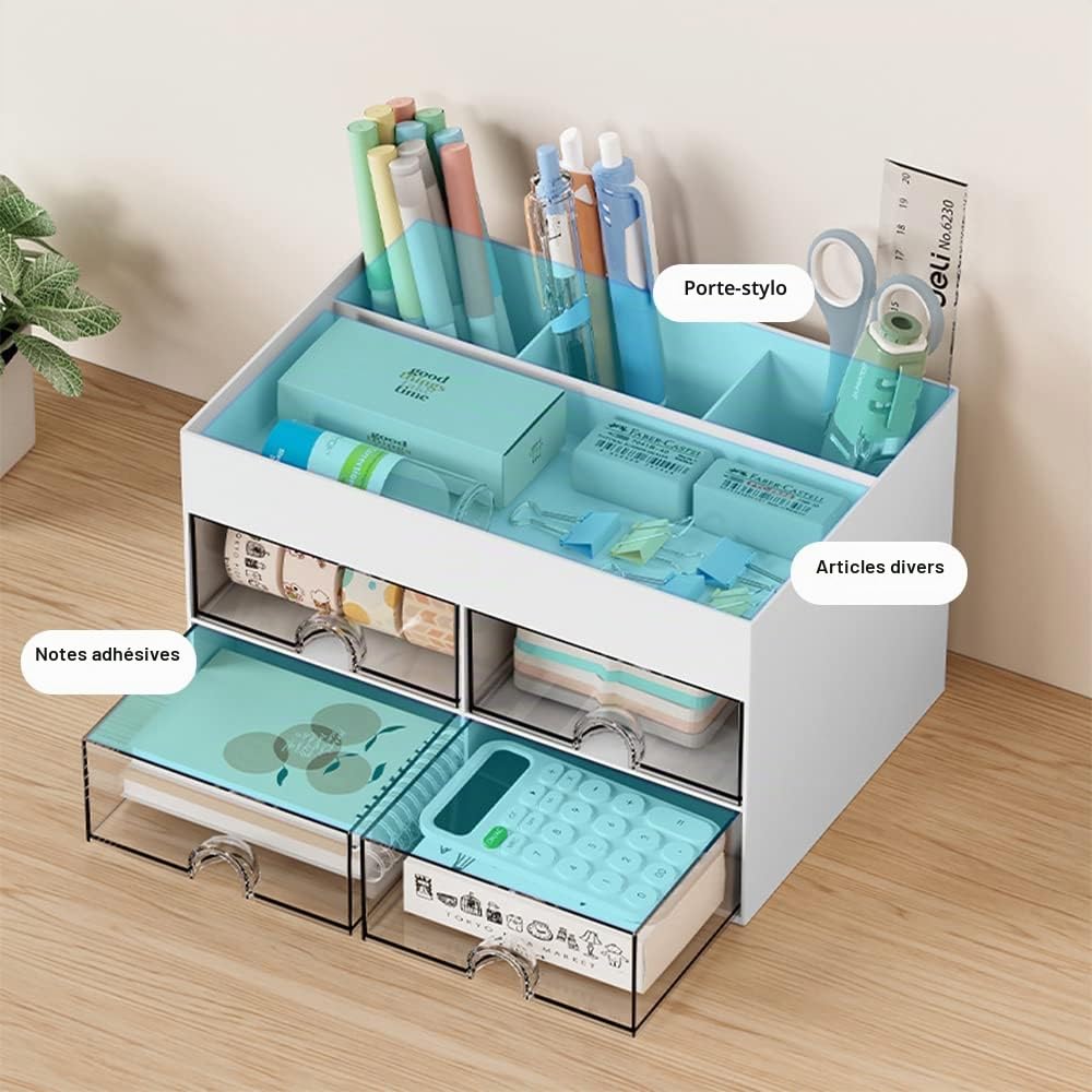 Organiseur de bureau, jolie boîte de rangement de maquillage avec 4 tiroirs et 4 compartiments, organiseur de bureau pour la maison, le bureau et l'école (blanc)