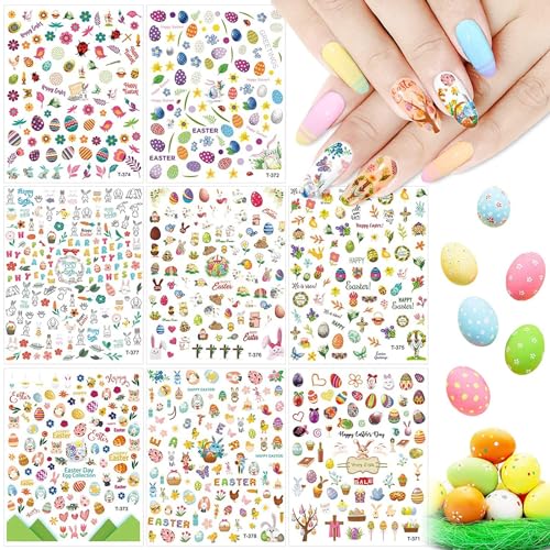 8 folhas de adesivos para arte em unhas, ovos de páscoa kalolary, coelhos, pintinho, padrão 3d, adesivos para unhas, decalques autoadesivos para arte em unhas, decoração de unhas