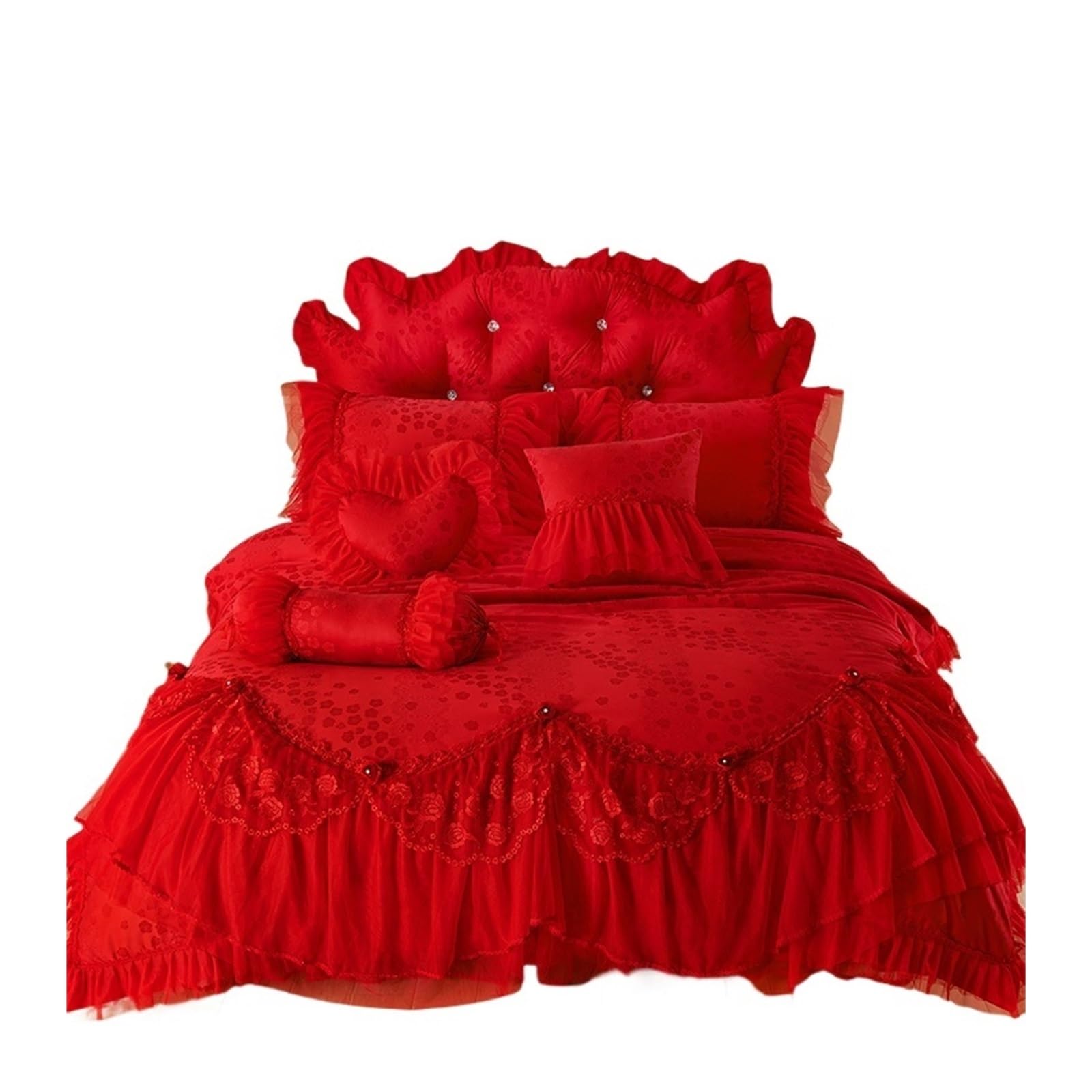 GCYEIDMA Ruffle Duvet Cover Jacquard Satin Cotton Duvet Cover Sets Lace Embroidery Bedding Set Ruffles Bedclothed Bed Skirt Pillowcases(RED,BED SKIRT STYLE_FULL SIZE 1.6M 6PCS)