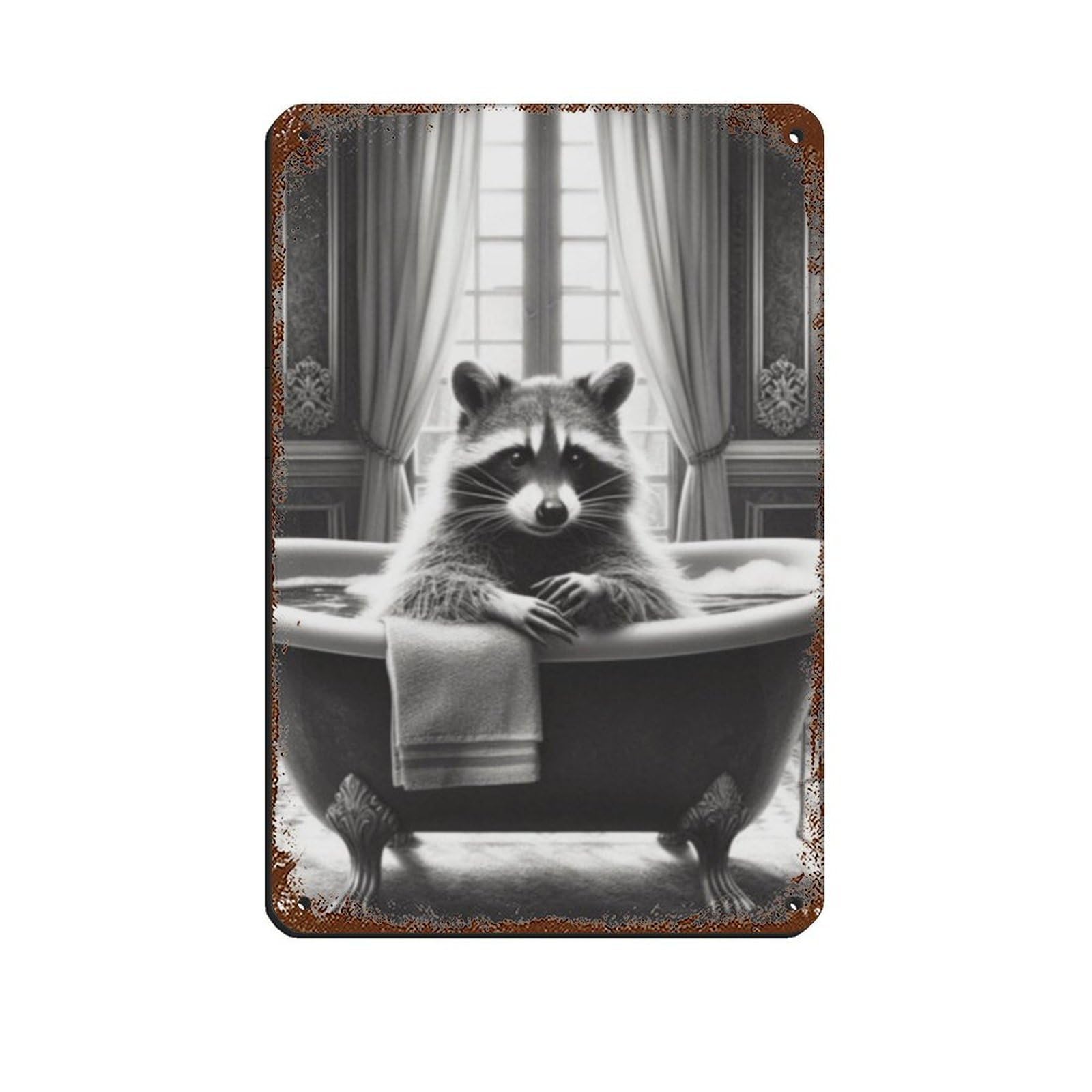 Bathroom Art, Raccoon Taking A Bath Retro Poster Metal Tin Sign Chic Art Retro Iron Painting Bar People Cave Cafe Family Garage Poster Wall Decoration 8x12inch(20x30cm)