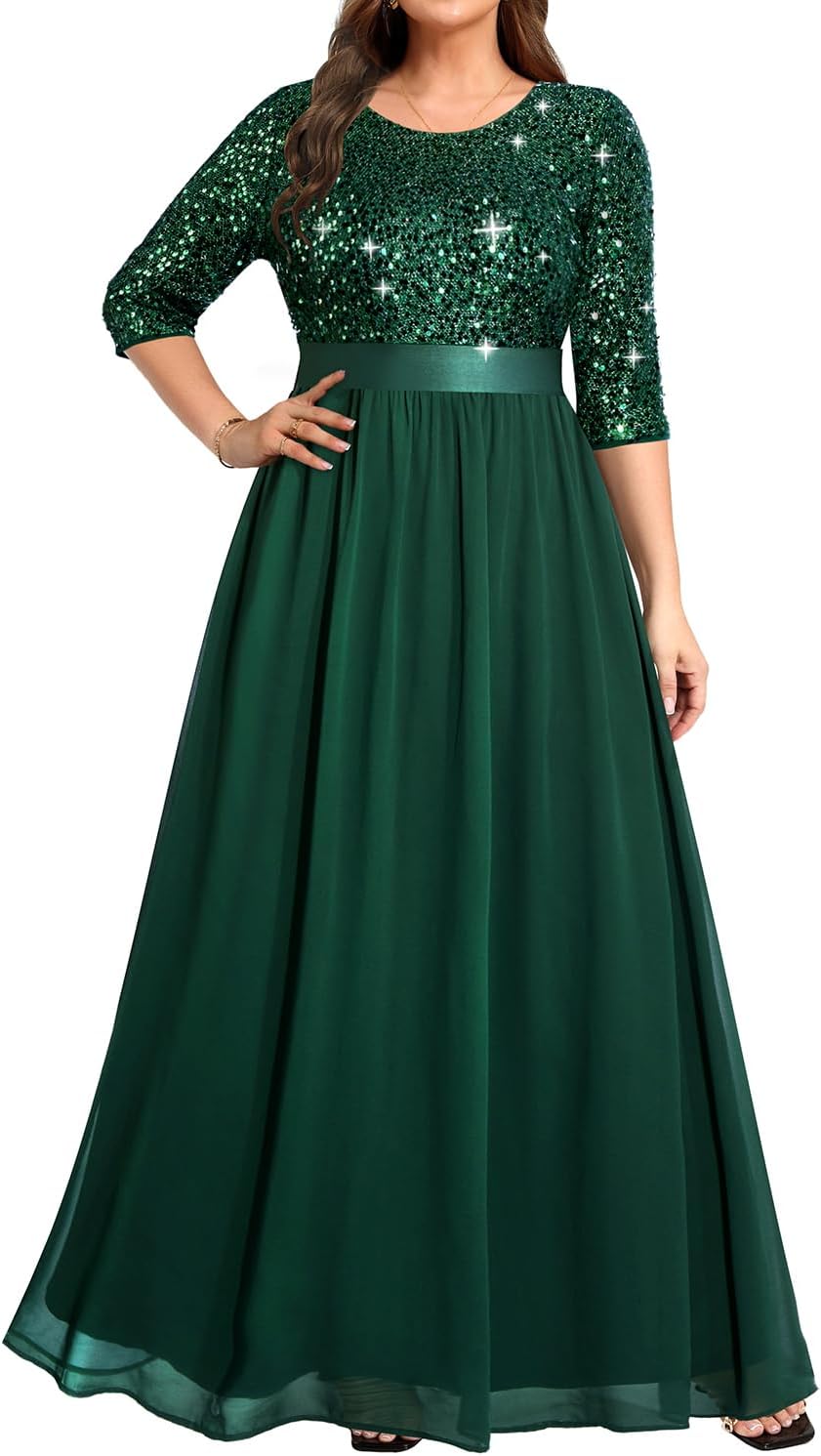 Plus Size Formal Dresses - Women Evening Gown Lace 3/4 Sleeve Wedding Bridesmaid Chiffon Maxi Long Dress