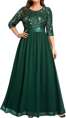 Women's Plus Size Lace Chffon Long Maxi 3/4 Sleeve V-Back Formal Dress(Green-sequin,14 Plus)