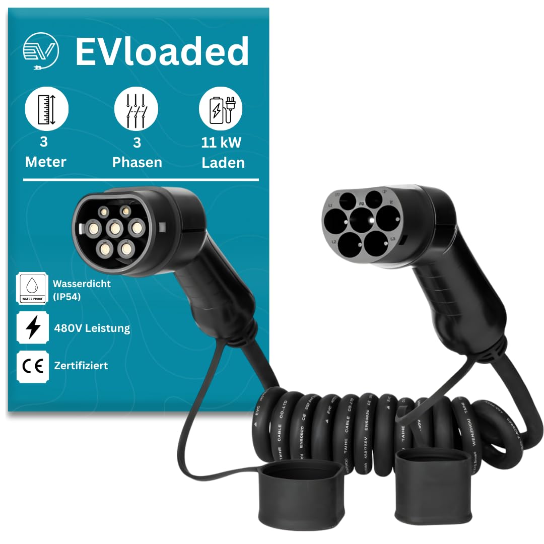 Cable de Carga Tipo 2 para Coches eléctricos, 16 A, 3 Fases, 3 m Espiral, solución de Recarga VE Duradera y Flexible