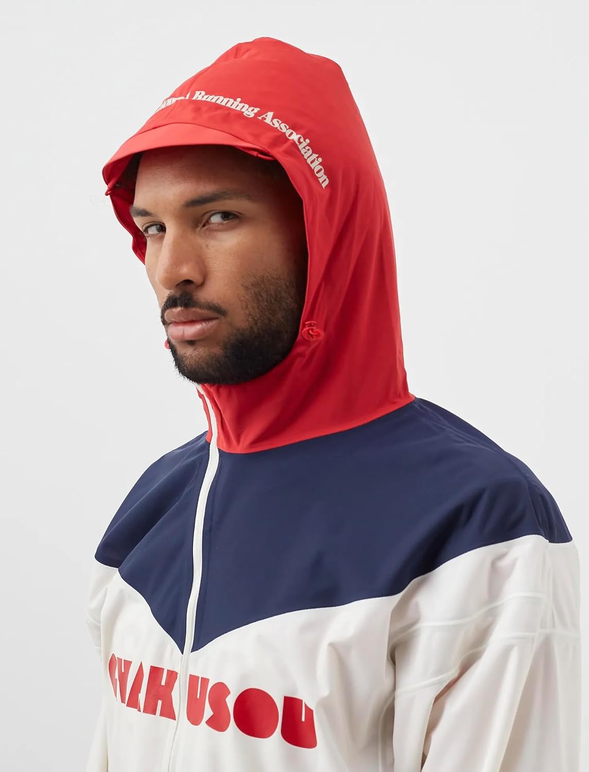 Nike X GYAKUSOU 3-LAYER Men's RUNNING JACKET, SAIL/BLACKENED BLUE/UNIVERSITY RED, Medium
