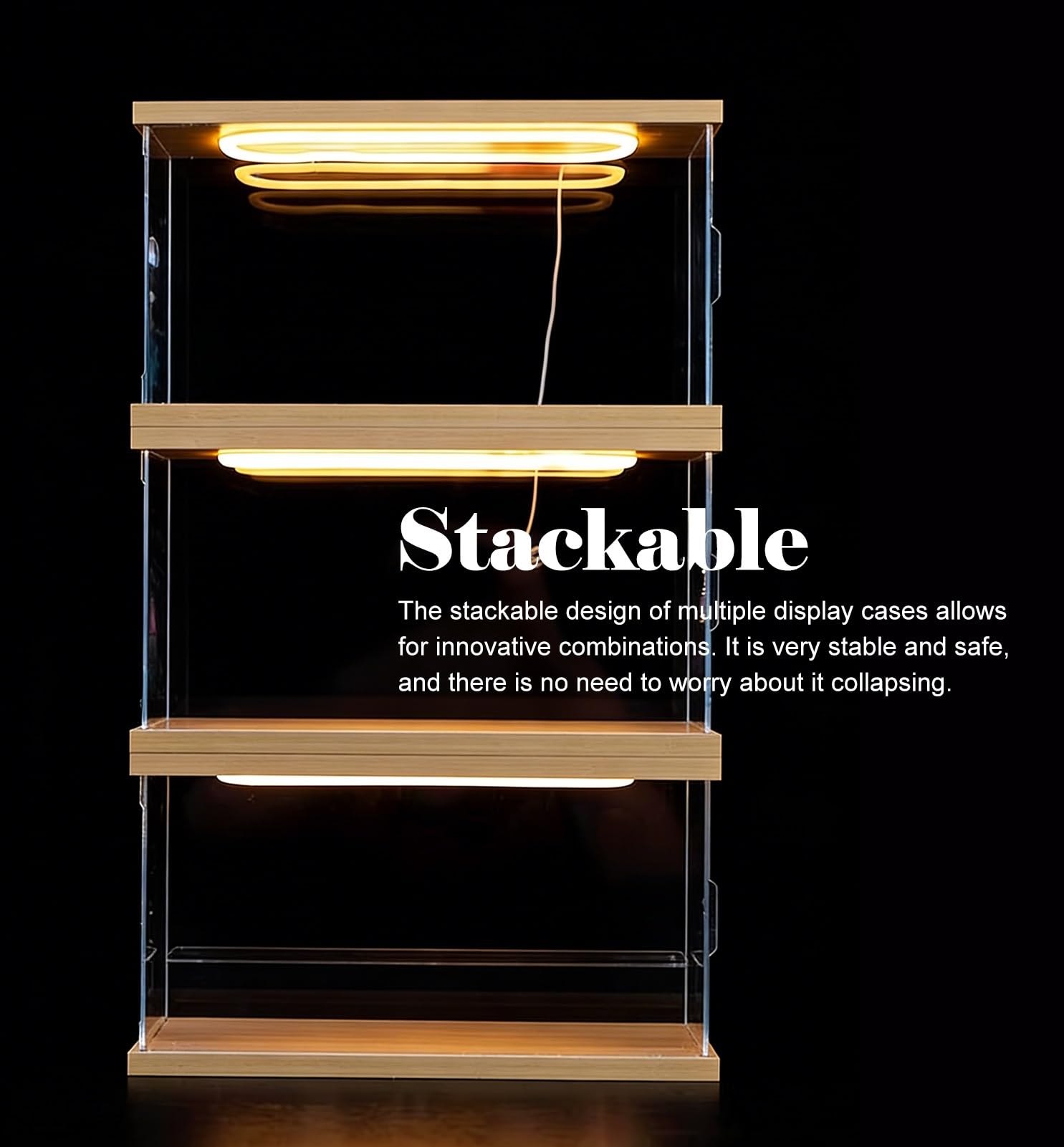 Acryl Vitrine Beleuchtete Acrylvitrine für Minifiguren mit Fronttür und Ablagefach, Staubdichte, Stapelbare, Transparente Organizer-Vitrine(417x120x174mm)