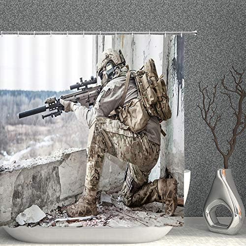 Soldier Holding Gun Decor Shower Curtain Outdoor Military Training Ruins Warrior Camouflage Uniform,70x70 Inch Polyester Fabric Bathroom Accessories Curtains Hooks
