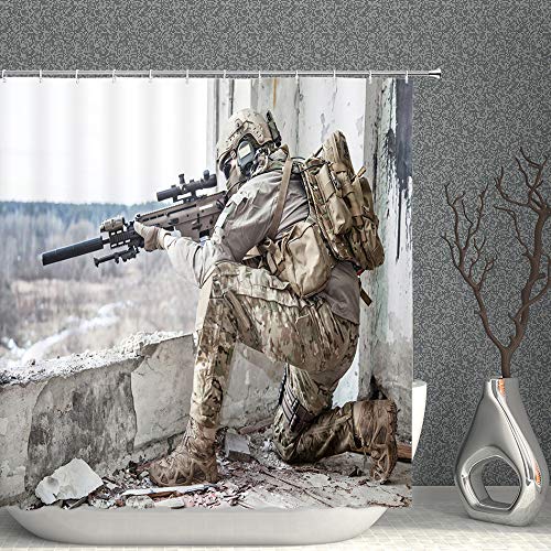 Soldier Holding Gun Decor Shower Curtain Outdoor Military Training Ruins Warrior Camouflage Uniform,70X70 Inch Polyester Fabric Bathroom Accessories Curtains Hooks #TOP2