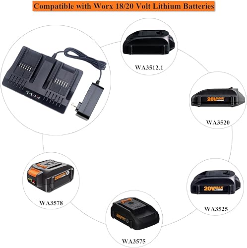Miniatura 3 de Lasica Repuesto para batería Worx 20V WA3875 Dual Fast Charger Compatible con Worx 18/20 Volt Max Litio PowerShare Baterías WA3578 WA3525 WA3520