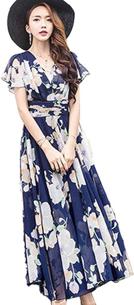 Amazon Co Jp Jinpingレディース マキシワンピ リゾート 春夏 レディース ワンピース シフォン マキシ丈 ボヘミアン ロング丈 夏 ワンピース ロングドレス 花柄 フレア 夏服 体型カバー ファッション