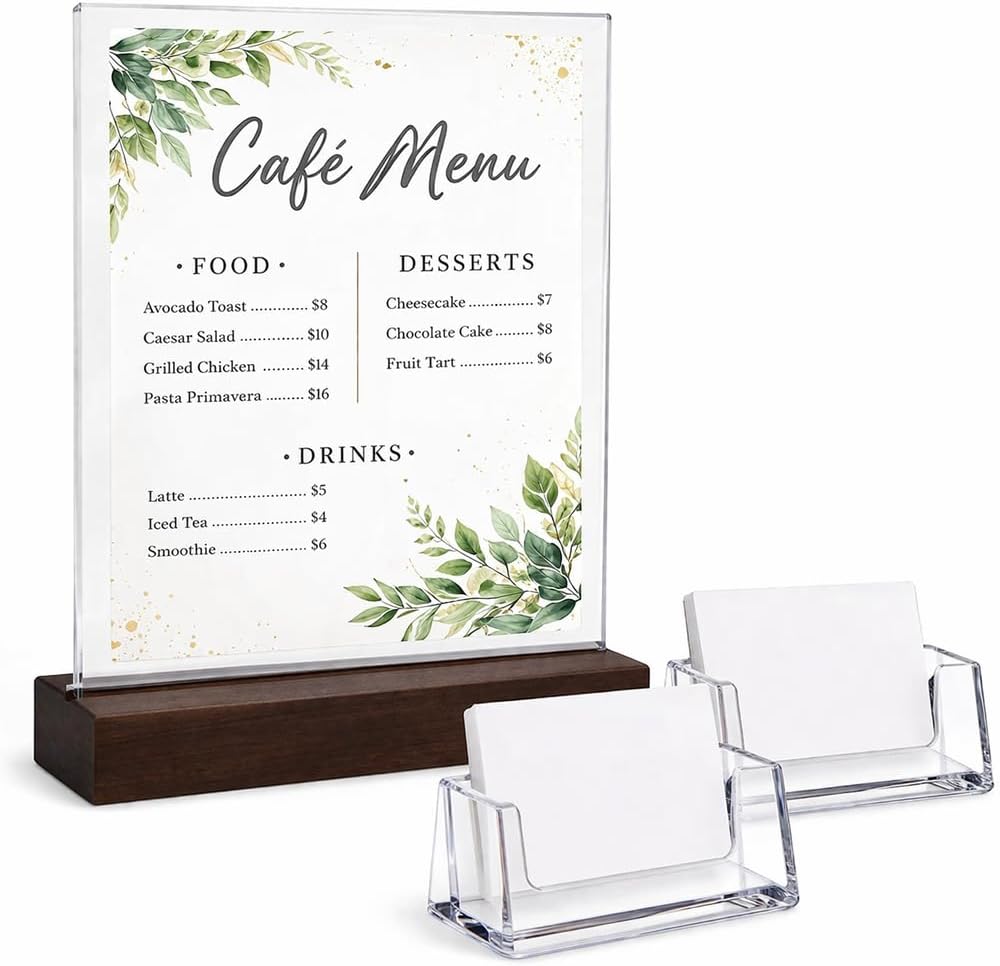 Acrylic display stands. For 11 x 8.5 brochures with 2 card holders and wooden base, ideal for displaying restaurant menus, office brochures, and business cards.