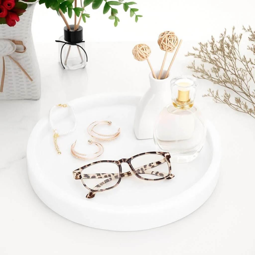 Silk Route Home Vassoio rotondo in marmo bianco, multiuso, diametro 25 cm, bagno, contenitore, cassettiera, organizer, bancone della cucina, comodino, vassoio decorativo