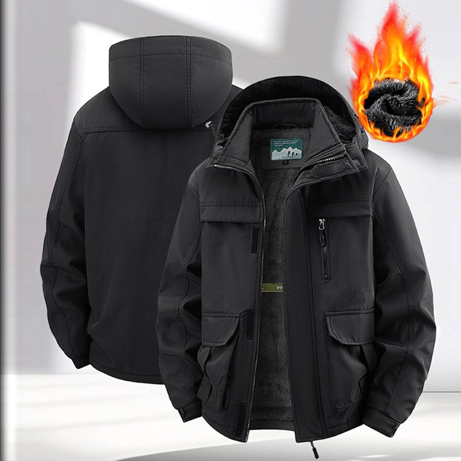 Mens Military Tactical Coats Warm Sherpa Fleece Lined Zip Up Jacket Long Sleeve Hooded Workwear Outwear with Pockets