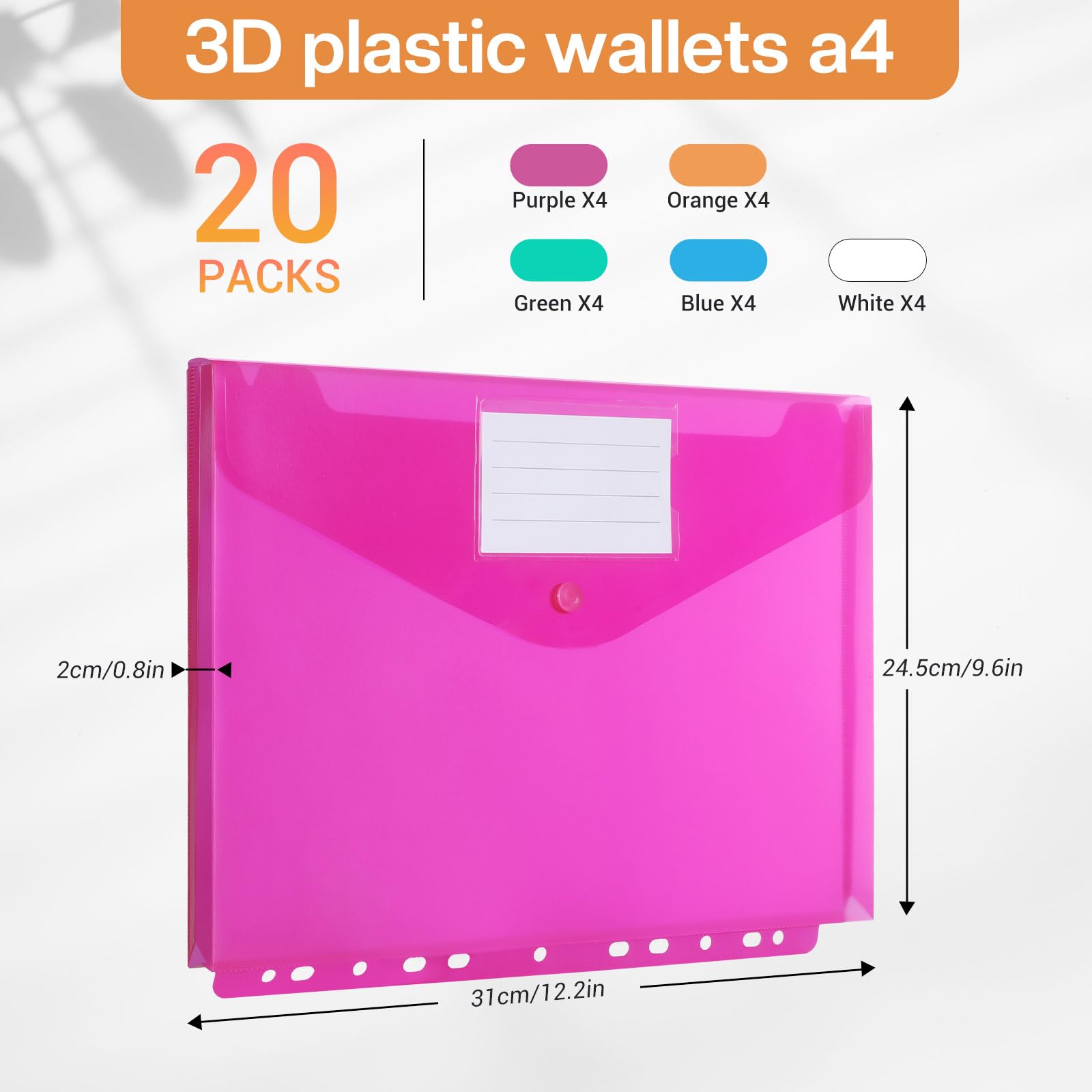 Set 20 Cartelline Portadocumenti A4 Trasparenti Con Bottone E Tasca Etichetta – 5 Colori Assortiti, Forate Per Raccoglitori Ad Anelli, Impermeabili