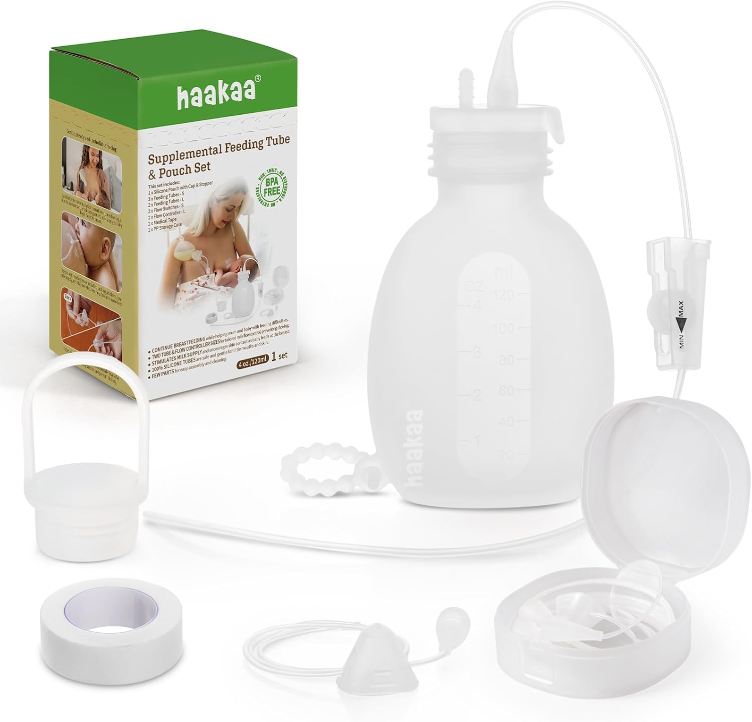 haakaa Supplemental Feeding Tube & Pouch Set, Baby Supplemental Nursing System, SNS Breastfeeding System, Food Grade Silicone, New Upgraded Design with Dual Tube Flow Control
