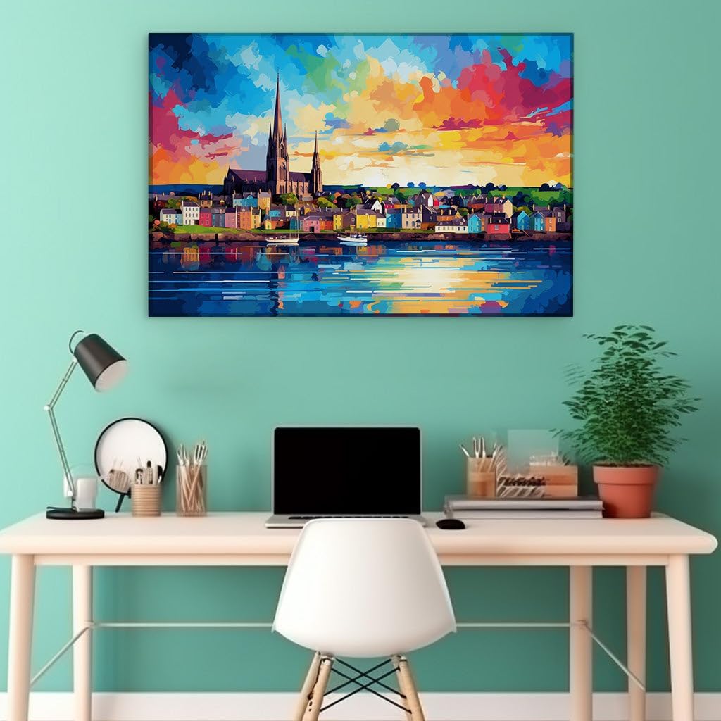 Canvas for Living room. Coastal Serenity at Dusk - Capturing the Enchantment of a Sunset Over a Colorful Town, 27 x 18 inch Canvas Wall Art - Contemporary Masterpieces - Modern Home Decor