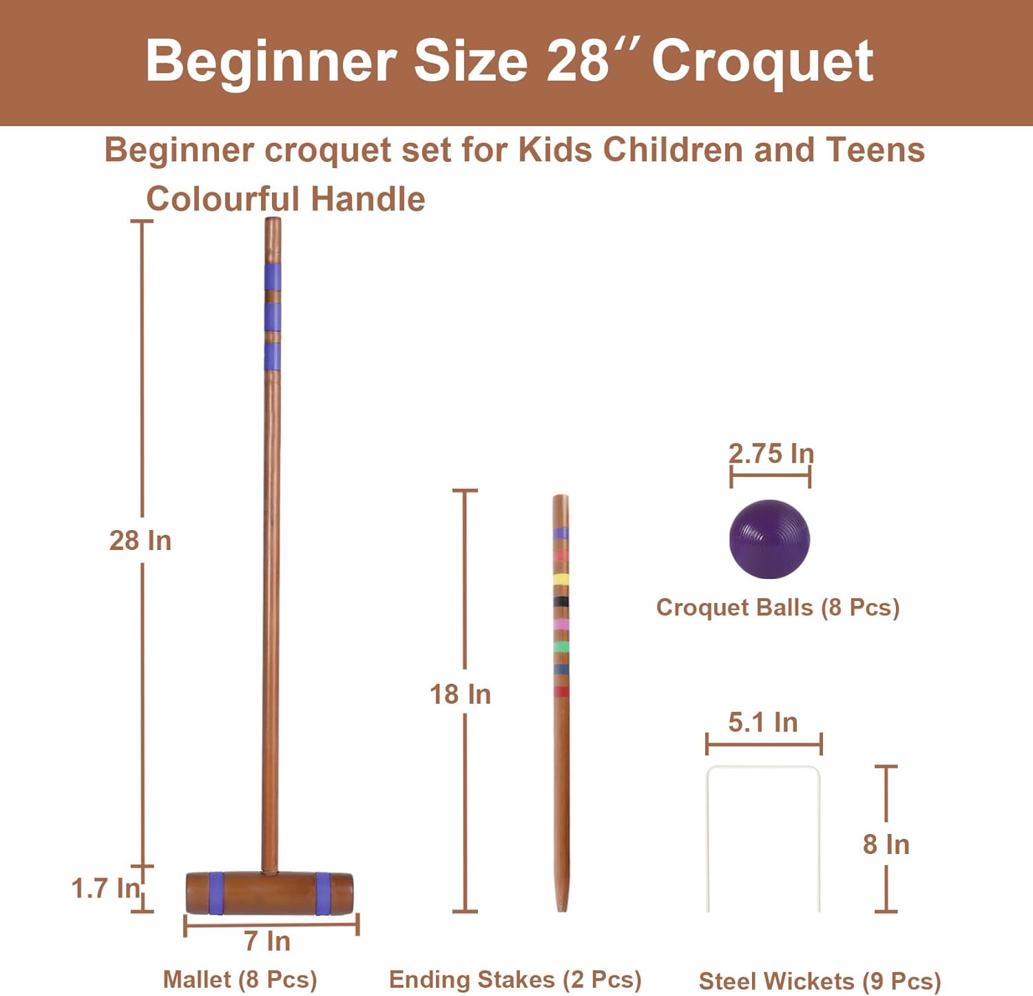 28in croquet party set for 8 players - made of long-lasting pine wood, family fun for backyards, lawn and more, comes with colorful mallets, pe balls, wickets, stakes, and carrying bag mahogany color