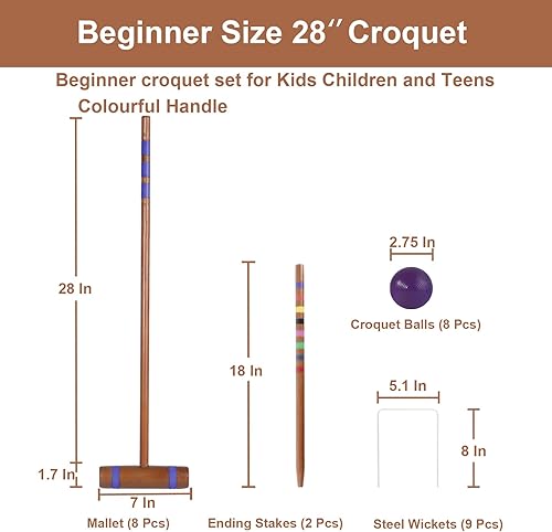 Miniatura 10 de Juego de fiesta de croquet de 28 pulgadas para 8 jugadores, hecho de madera de pino de larga duración, diversión familiar para patios, camping y