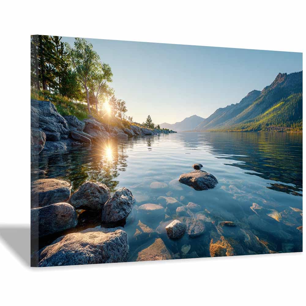 HUYEEI Landscape Wall Art Morning Lake Lights Modern Canvas Print On Artwork, Suitable for living room, bedroom, for Kids Room Decoretc.(blue)-60x80cm Framed
