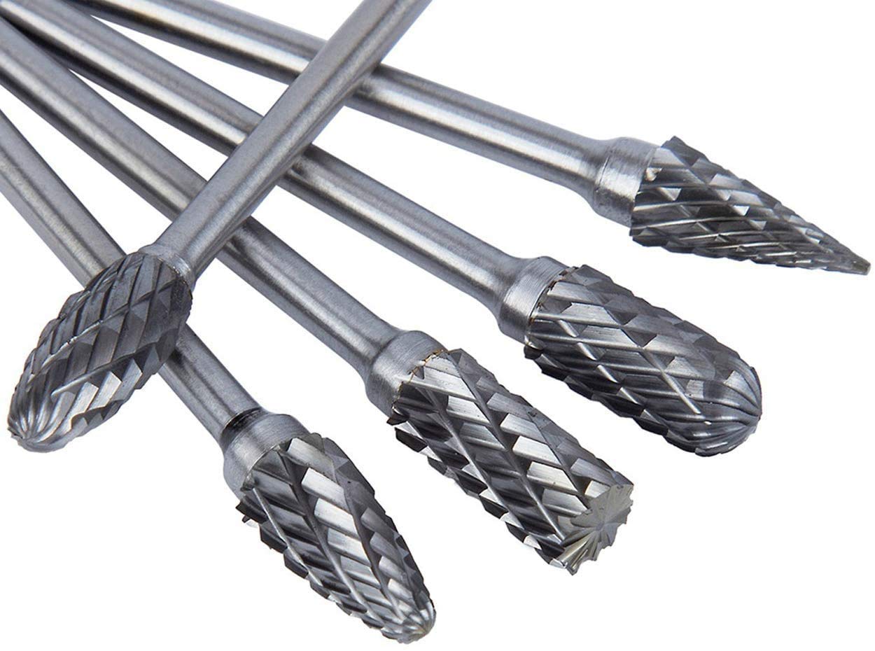 10pcs 3 mm (1/8 Inch) Shank Tungsten Carbide Double Cut Rotary Burr Die Grinder Bits Rotary Files Carving Grinding Bit Fits for Rotary Tool Long Shank 100mm