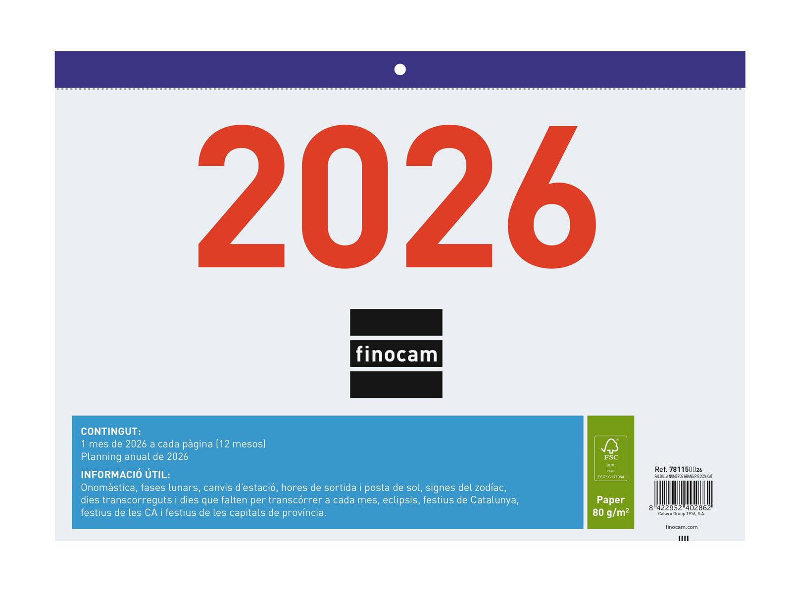 Finocam - Wall Calendar Large Numbers 2026 Month View January - December 2026 (12 months) | Calendar 2026 | Monthly Planner | Faldilla 2026 - Catalan