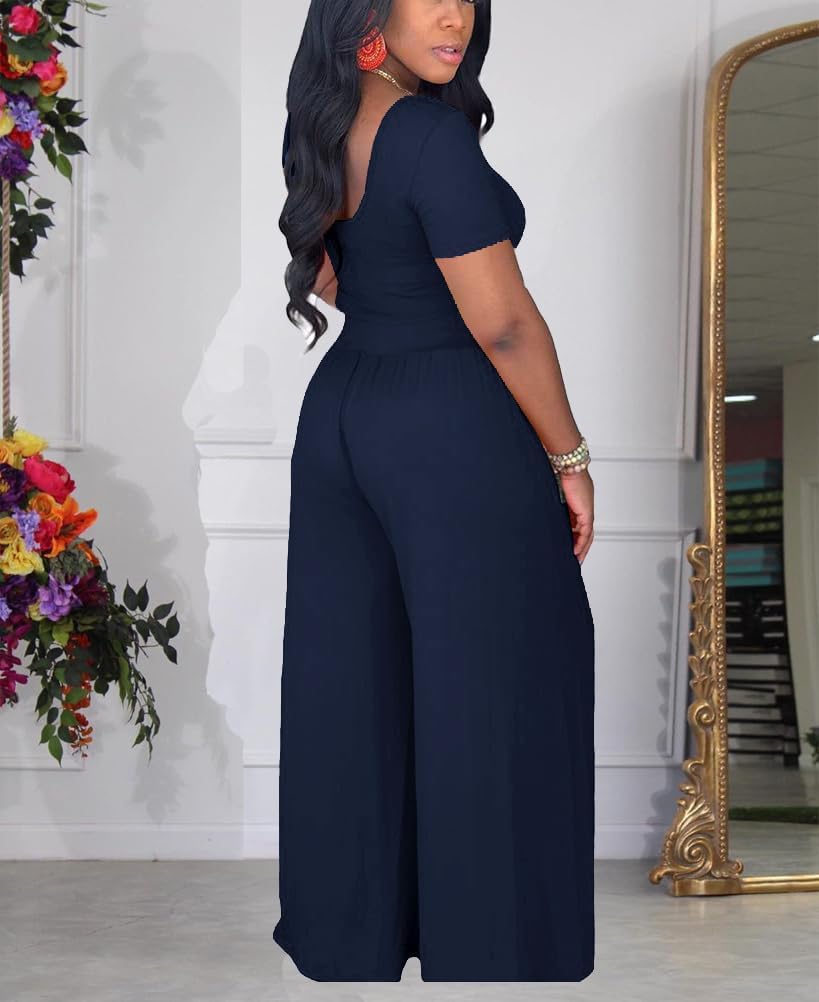 HBQ Two Piece Outfits For Women Casual Sweat Suits Backless Short Sleeve Crop Tops Wide Leg Pants Lounge Sets Tracksuit-Dark Blue-L - Image 3