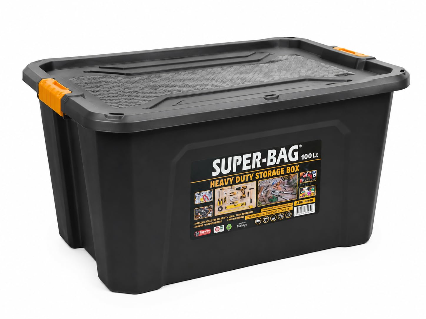 Super Bag 100 L Kapaklı Saklama Kutusu, Ağır Hizmet Plastik Depolama Kutusu, Çok Amaçlı Eşya Düzenleme ve Saklama Kabı, Darbeye Dayanıklı, Ev Garaj Depo Kullanımı, ASR-4040