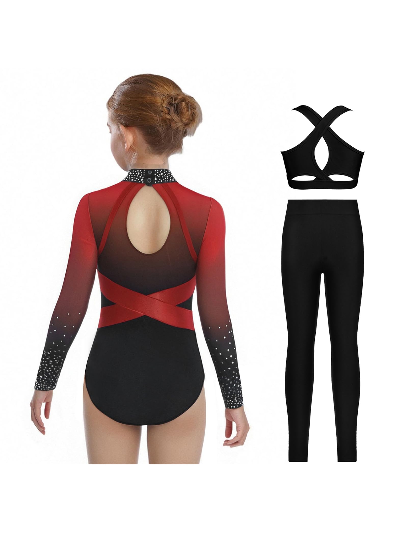 Filles Justaucorps de Gymnastique Léotard de Ballet Ensemble de Vêtements de Danse Spectacle avec Legging Haut