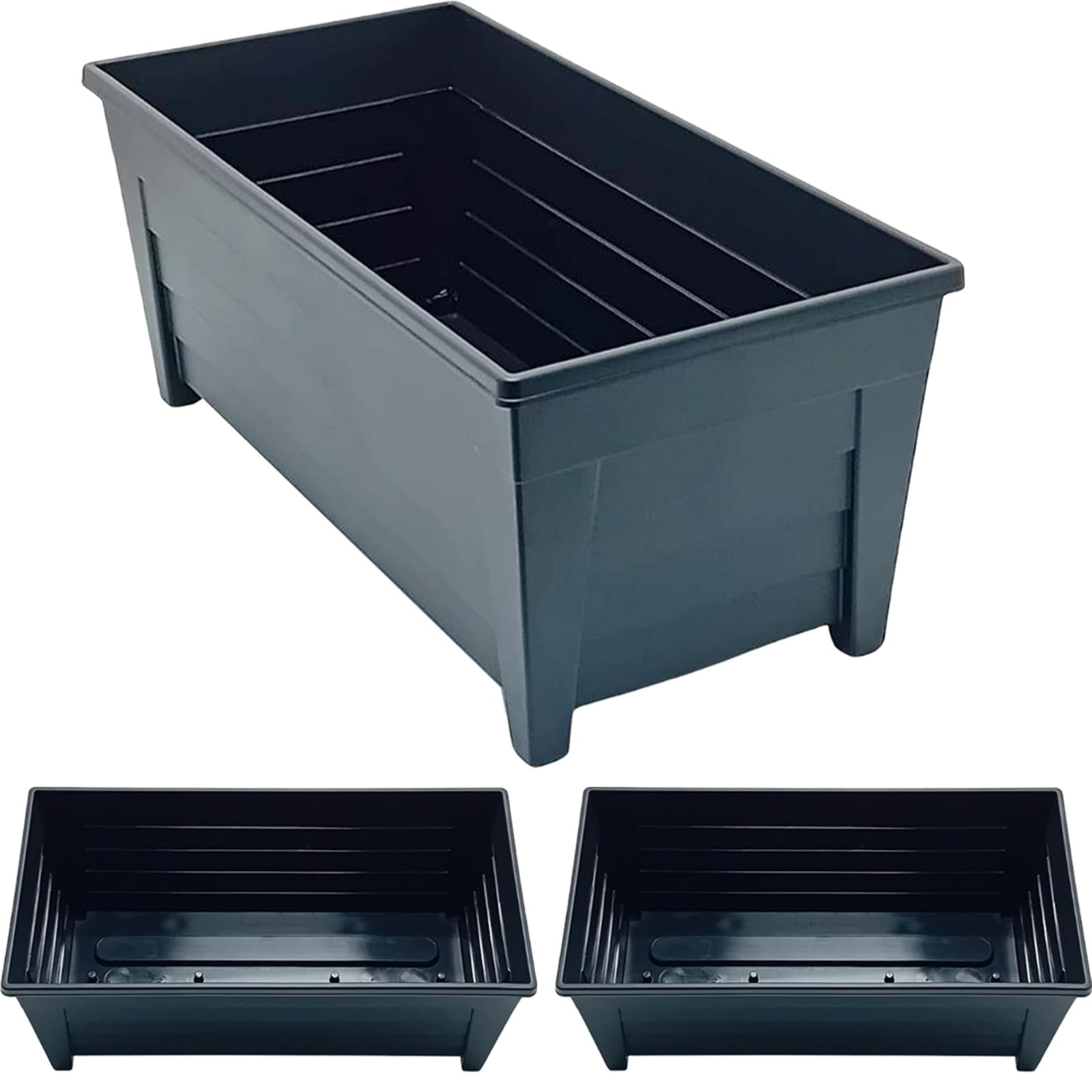 ALEEZ 55cm Long Trough Window Plant Pot - Plastic Planter Pot - Indoor Outdoor Home Garden Flower Pots - Garden Window Herb Flower Box - Optional Drainage Hole (3, sleek black)