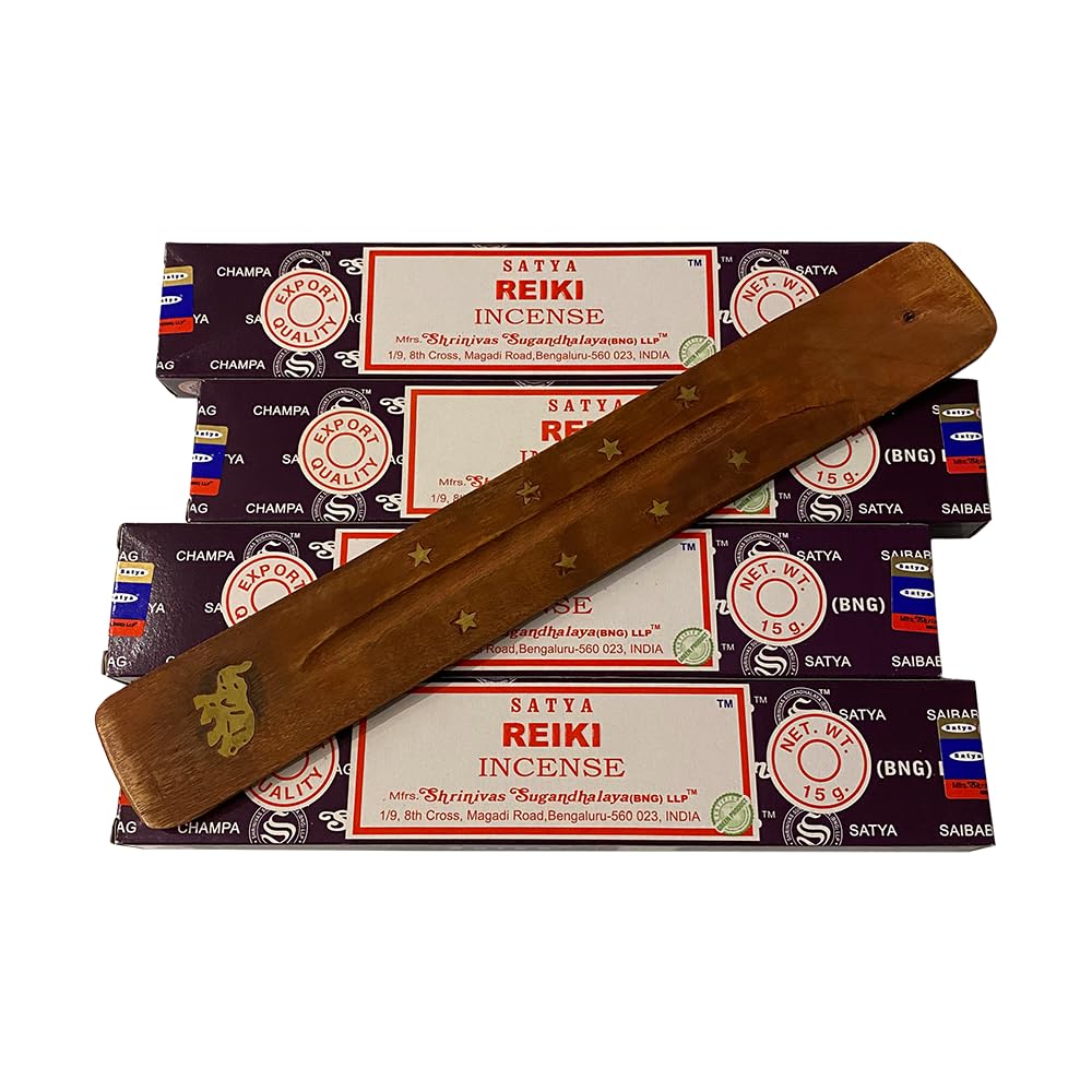 Satya Incense Sticks, 4 Packs x 15g, with Incense Holder, Reiki