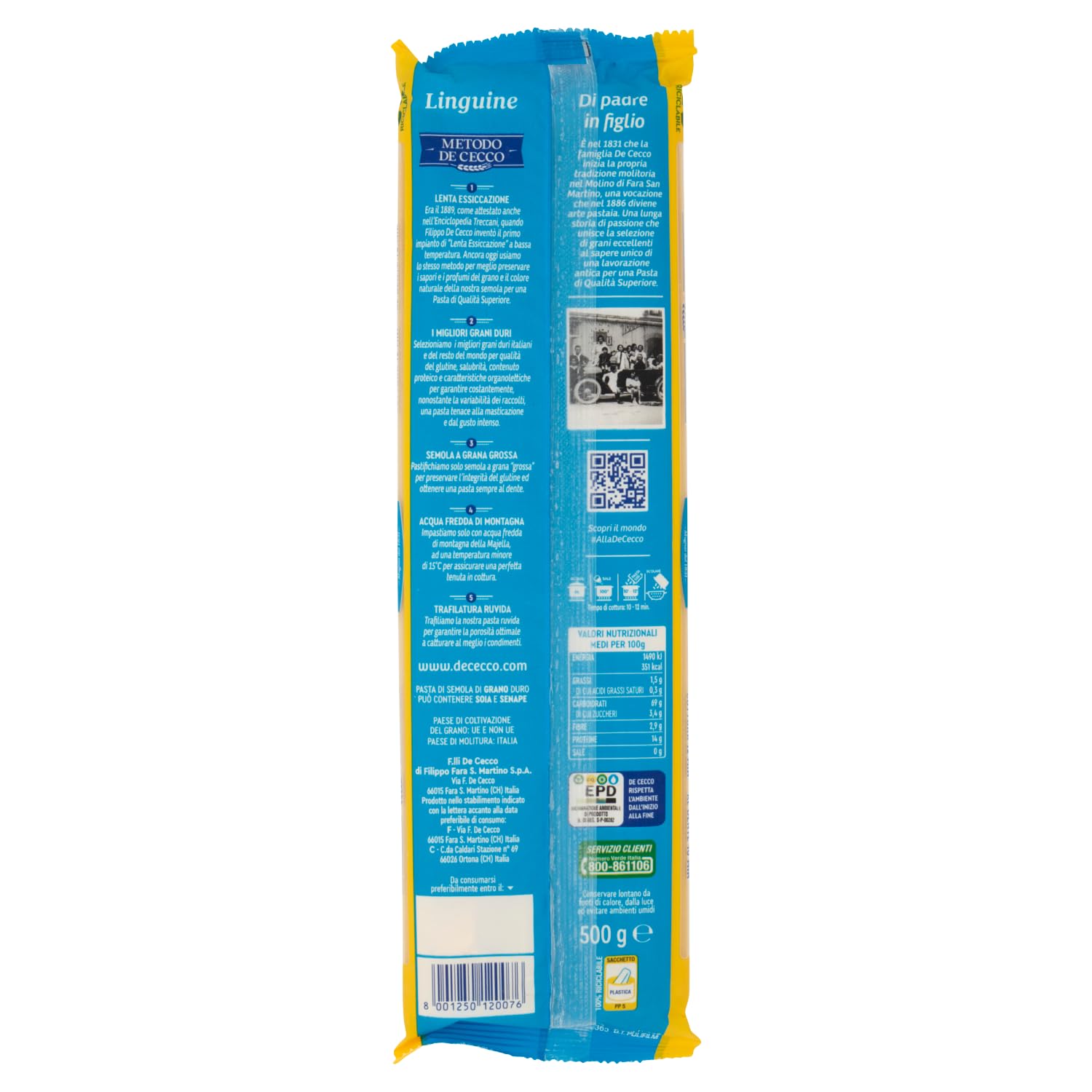 De Cecco Linguine n°7, pasta de trigo duro 24 x 500 g – trefilado de bronce, secado lento ~18 h, textura rugosa – cocción 12 min (al dente 10 min) – Fabricado en Italia + Italian Gourmet Polpa 400 g