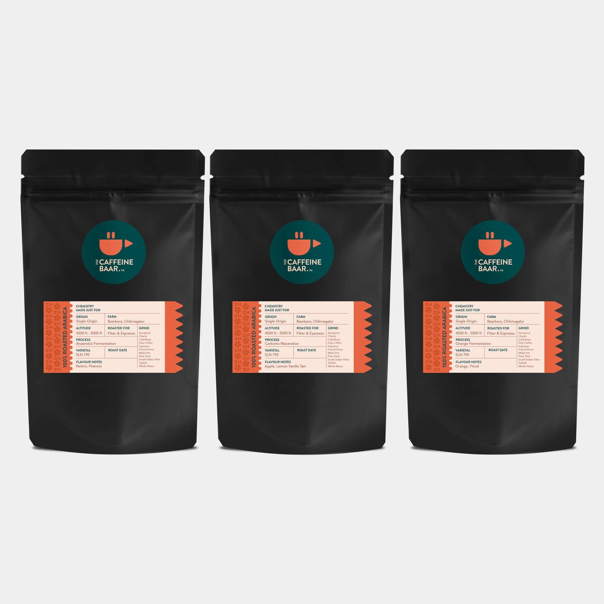 The Caffeine Baar | Sample Pack - 2023 Favorites | Set of 3 Assorted Coffee Packs | 100% Arabica Coffee | Chikmagalur Farms (3 Flavours)