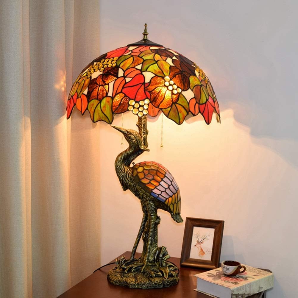 Handmade Stained Glass Table Lamp Tiffany Style Male Crane Desk Lamp,50CM Brown Grape Glass Lampshade Night Light Suitable for Decorating Room Table Lamp