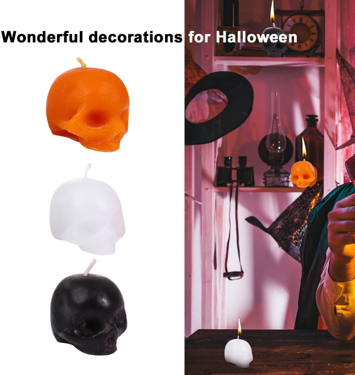 Halloween Candle Skull Head 3pcs Paraffin Horror Themed Decorative