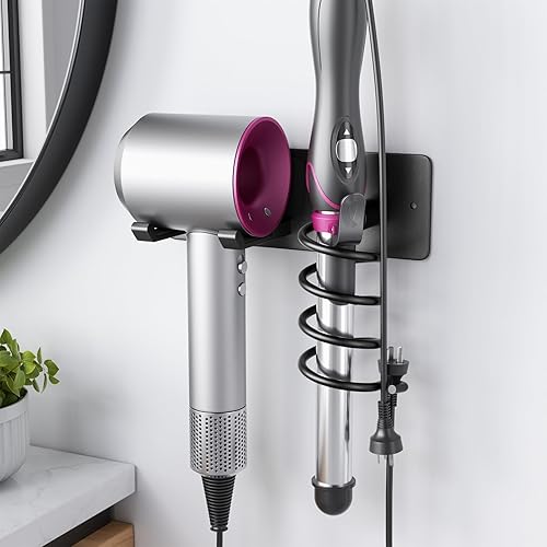 Tindbea Soporte para secador de pelo + soporte para rizador, soporte para secadora de pelo negro mate, soporte de pared, organizador de herramientas