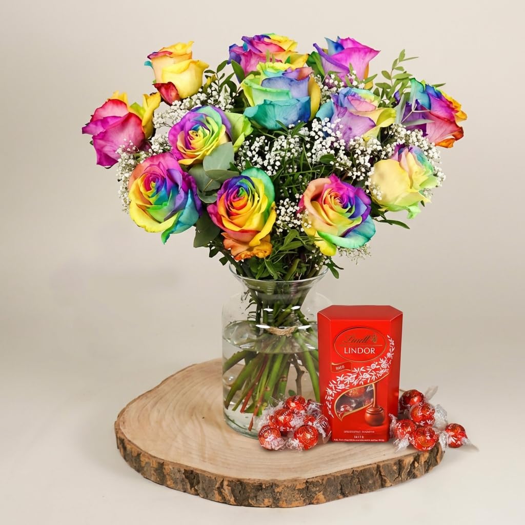 Fleur De Luxe Flower Of Love Rainbow Fresh Flower Bouquet With Love Bear Gift Set, Mixed Colour Roses And Seasonal Blooms, Romantic Valentines Day Flowers For Her, UK Delivery