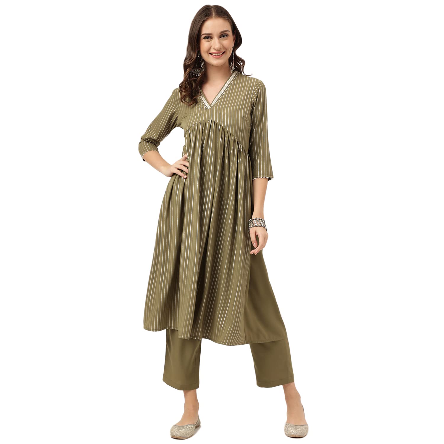 FIORRA Women's Olive Green Poly Crepe A-line Kurta with Pant