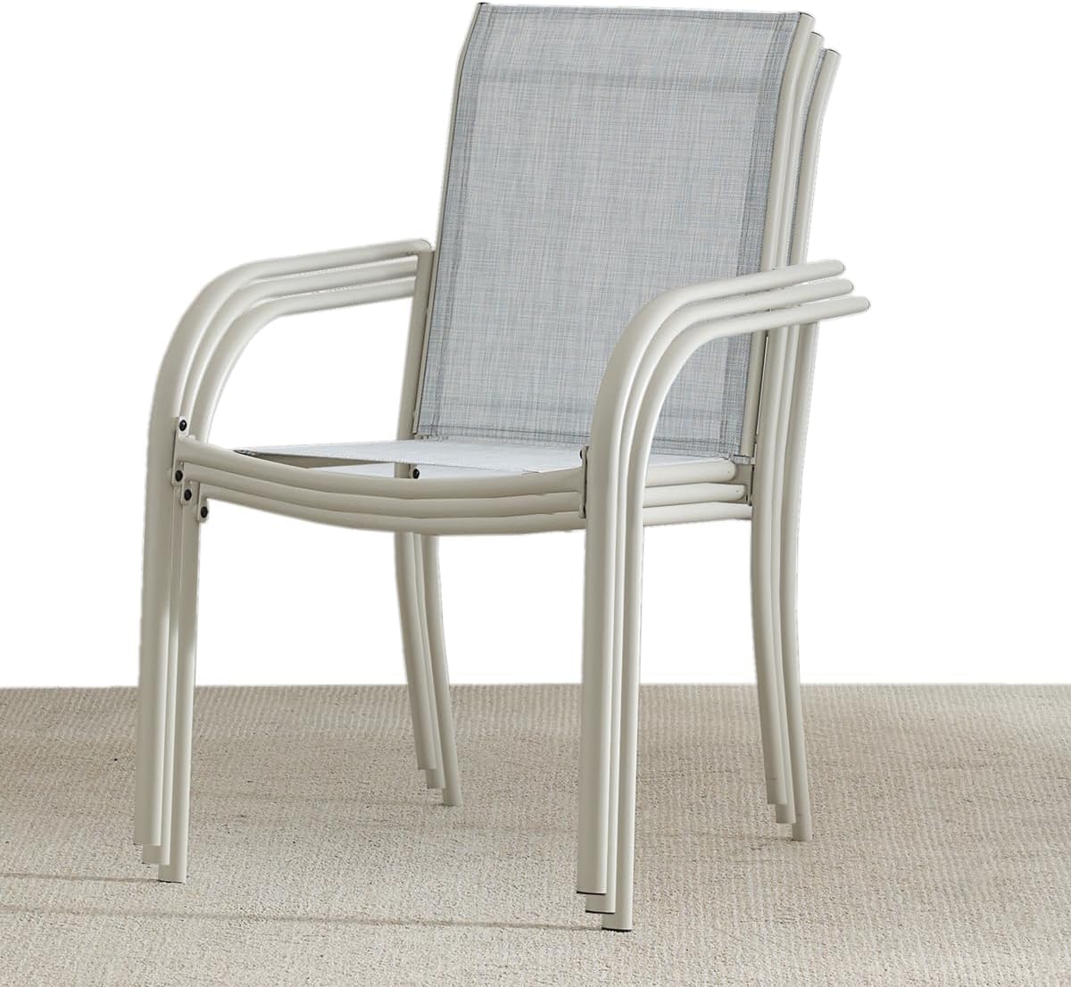 Stackable Patio Chairs Set of 6, Outdoor Dining Chairs with High Back, Lightweight Sling Chair with Metal Frame, All Weather Dining Set for Lawn, Garden, Backyard, Poolside, Light Beige