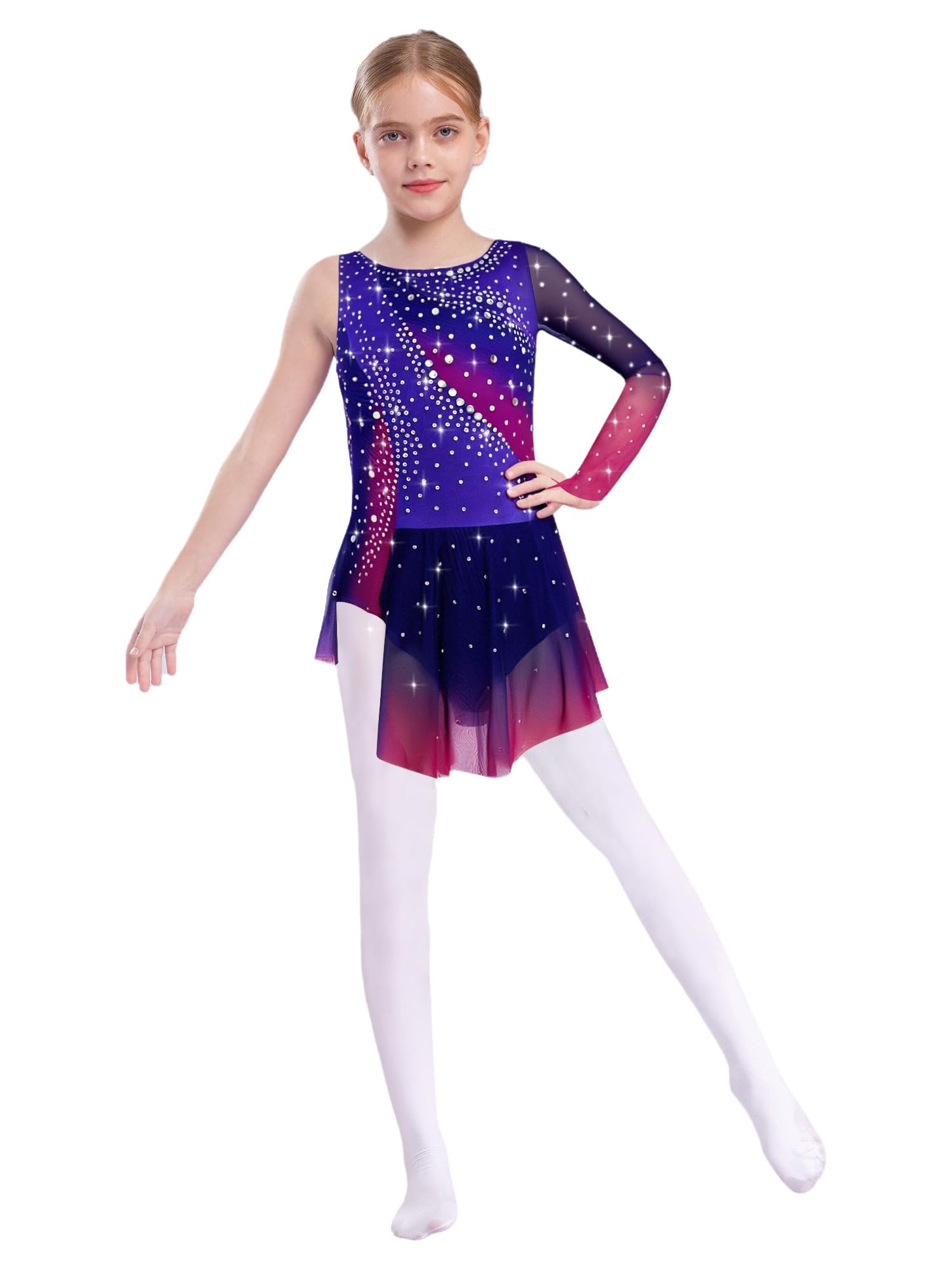 Robe Patinage Artistique Asymétrique Une Epaule Strass Justaucorps Gymnastique Danse Enfant 5-16 Ans